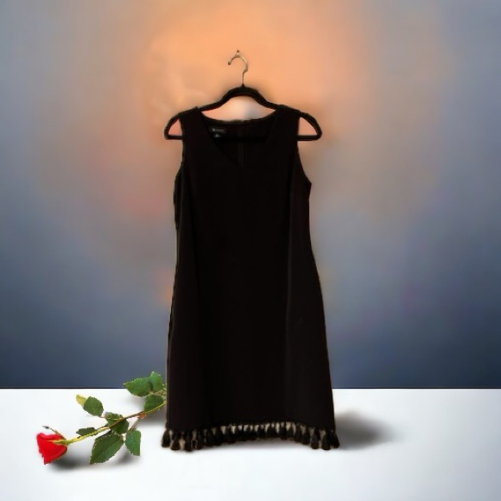 AB Studio Black Sleeveless V-Neck Shift Dress w/Tassels at Hem